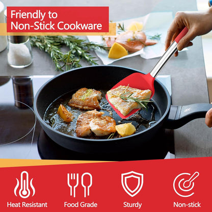 P&P CHEF Black Kitchen Cooking Utensil Set of 4, Silicone Solid Spatulas Slotted Spoons Turners for Non-stick Cookware Flipping Mixing, Heat-proof