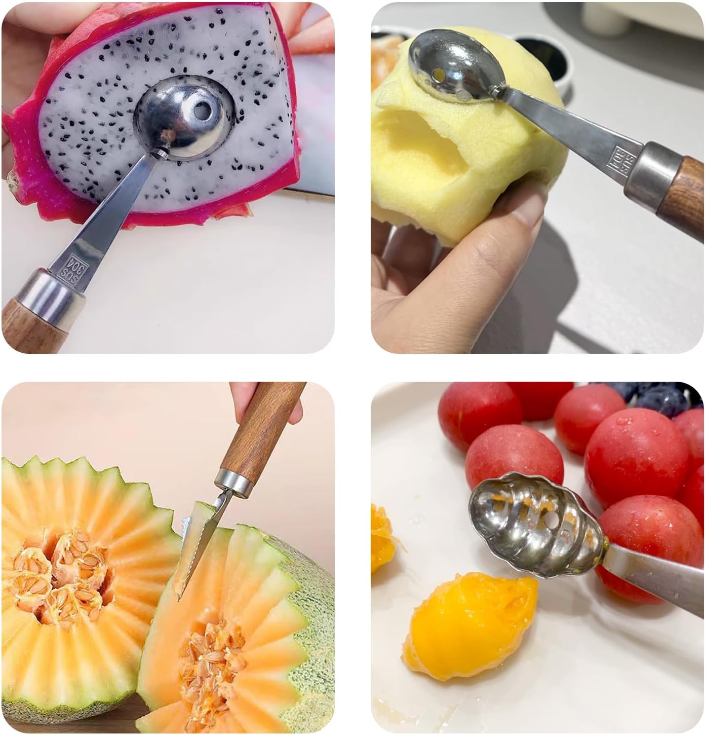 4 Pack Melon Baller Scoop-Melon Baller-Fruit Spoon-Wooden Handle Grapefruit Spoons