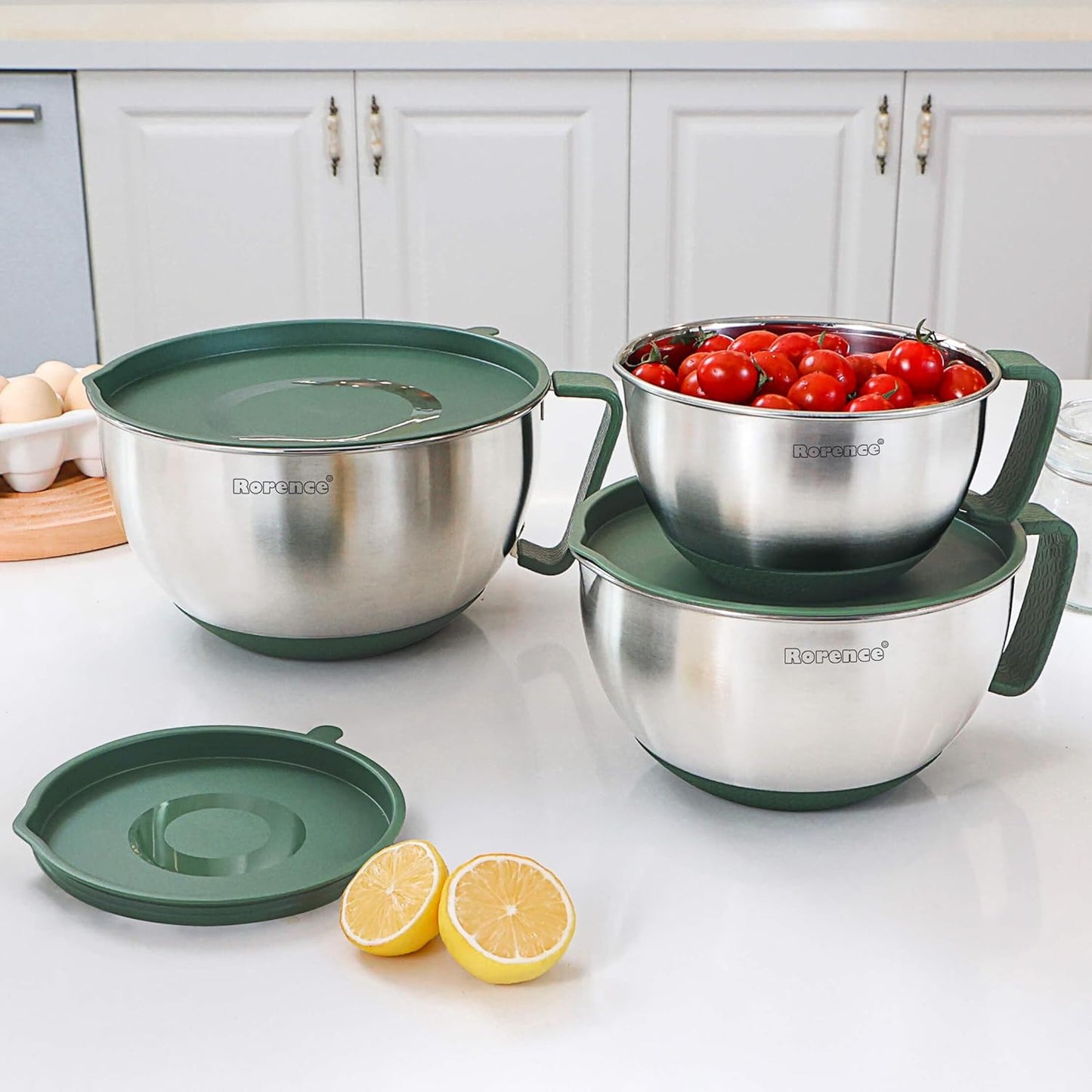 Rorence Stainless Steel Non-Slip Mixing Bowls With Pour Spout, Handle and Lid, Set of 3, Black