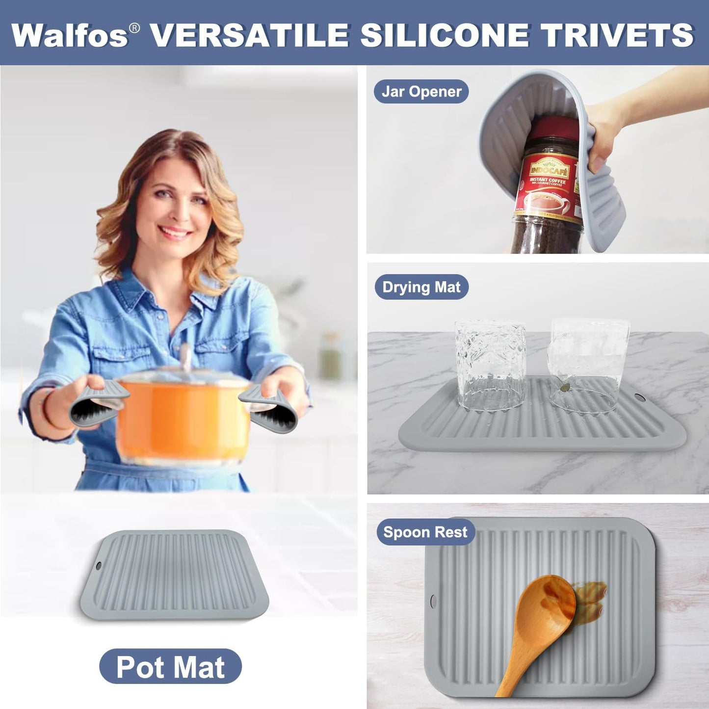 Walfos Silicone Trivet Mats - 4 Heat Resistant Pot Holders, Multipurpose Non-Slip Hot Pads for Kitchen Potholders, Hot Dishers, Jar Opener, Spoon Holder, Food Grade Silicone & BPA Free (Black)