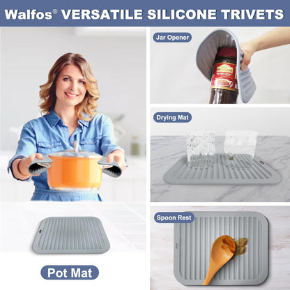 Walfos Silicone Trivet Mats - 4 Heat Resistant Pot Holders, Multipurpose Non-Slip Hot Pads for Kitchen Potholders, Hot Dishers, Jar Opener, Spoon Holder, Food Grade Silicone & BPA Free (Black)