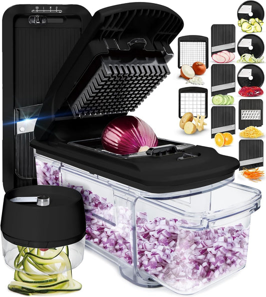 Fullstar XL Vegetable Chopper & Mandoline Slicer – Vegetable, Onion, Potato, Food, Veggie & Fruit Slicer, Dicer & Spiralizer with Pull-Out Catch Tray, Kitchen Gadgets & Gifts (6 in 1, Black/White)