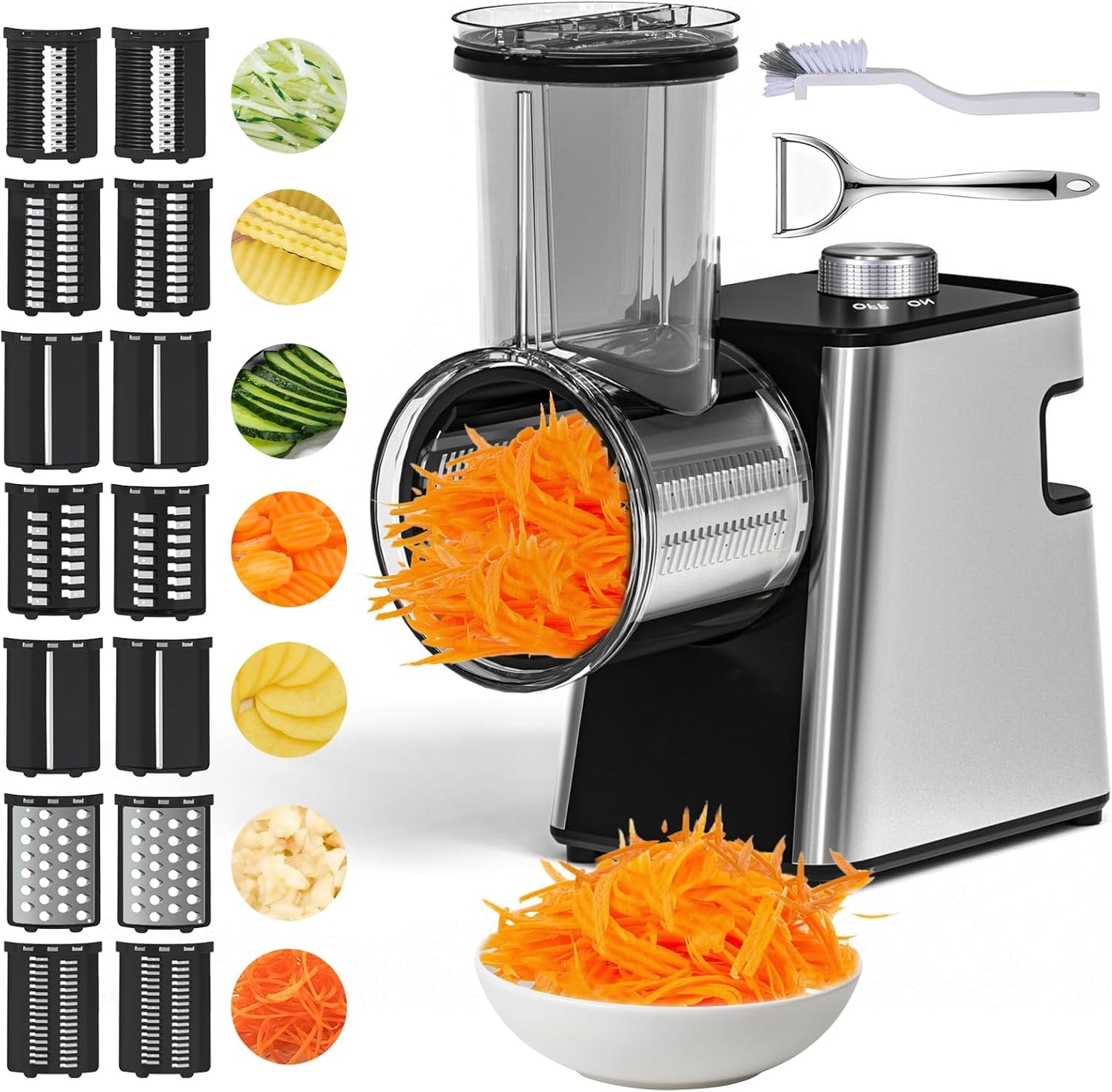 7 in 1 Electric Cheese Grater, 300W Cheese Grater for Block Cheese with 14 Blades, Y Peeler and Brush, Kitchen Automatic Cheese Shredder Electric for Vegetables, Fruits, and Salad