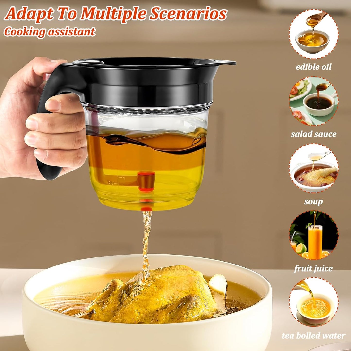 Fat Separator with Bottom Release, 33 Oz Gravy Separator for Cooking with Oil Strainer, Kitchen Gadgets Grease Separator with Stainless Steel Barbecue Syringe