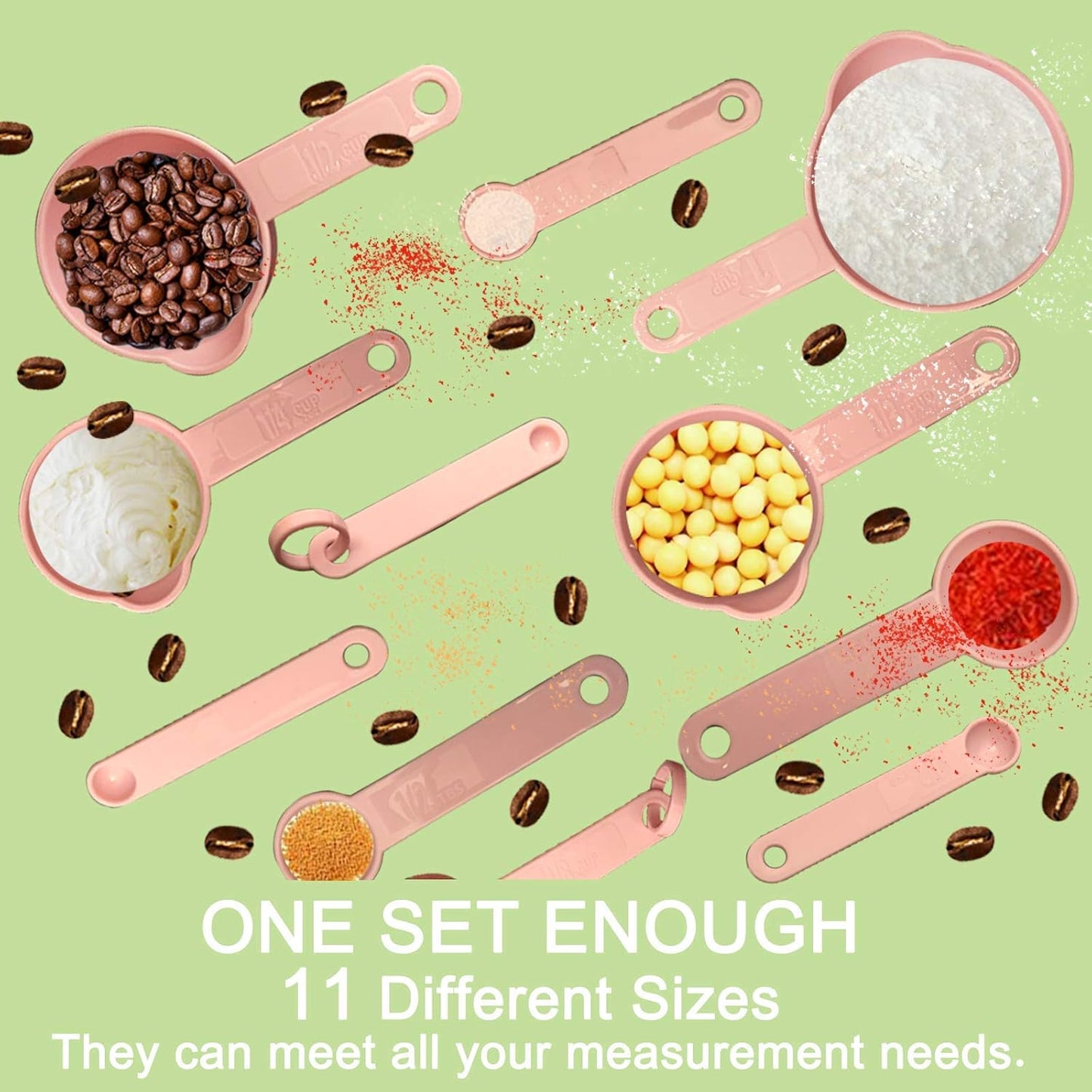 Measuring Cups and Measuring Spoons Set of 11 Pieces, Plastic, Nordic Color, Pink, Included 2 Pieces Kitchen Tool Hook Up