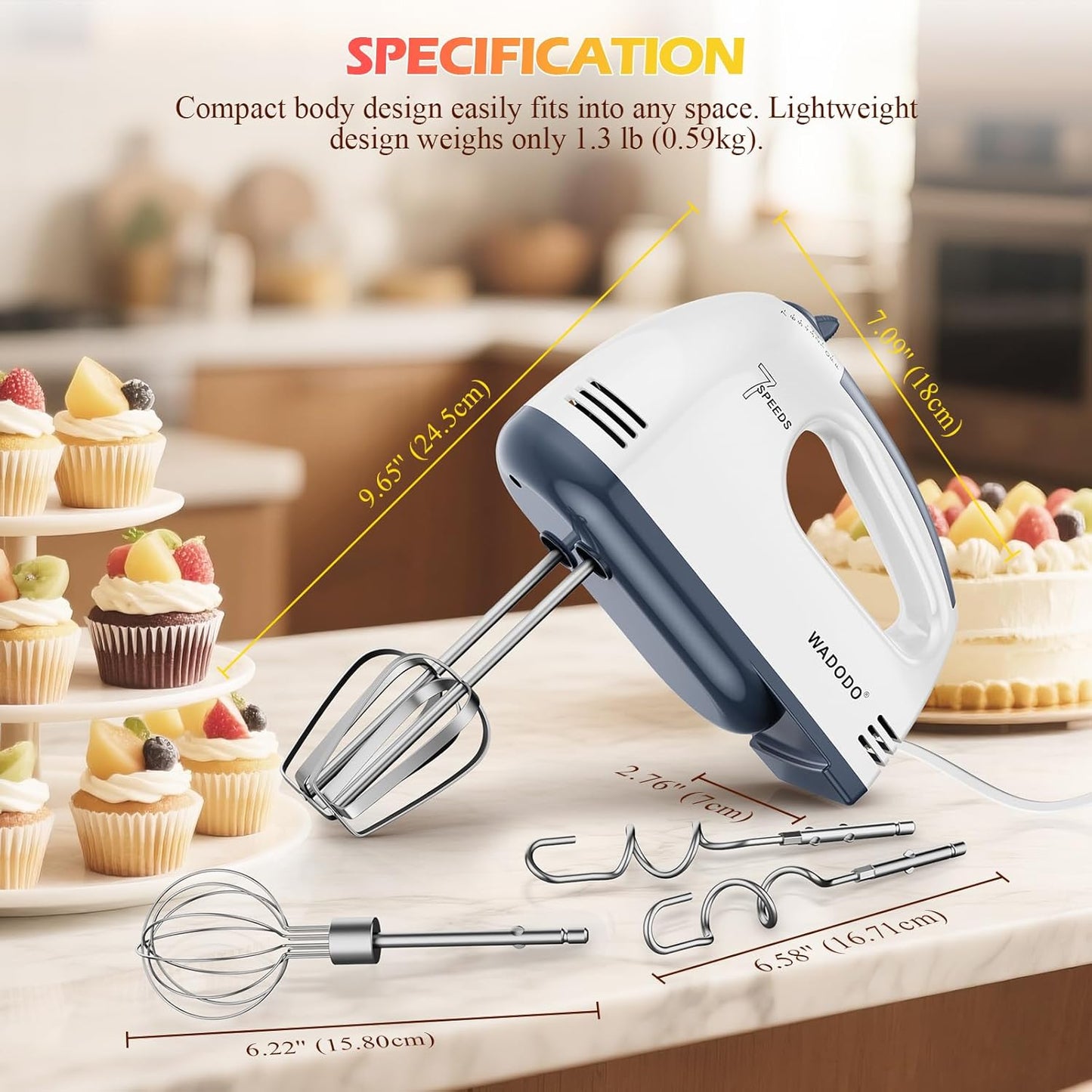 WADODO 7-Speed Electric Hand Mixer – Portable Food Mixer Kitchen Mixer with 304 *(1x Whisk, 2x Beater, 2x Dough hook) for Baking Cakes, Cream, Cookies, Light Pink