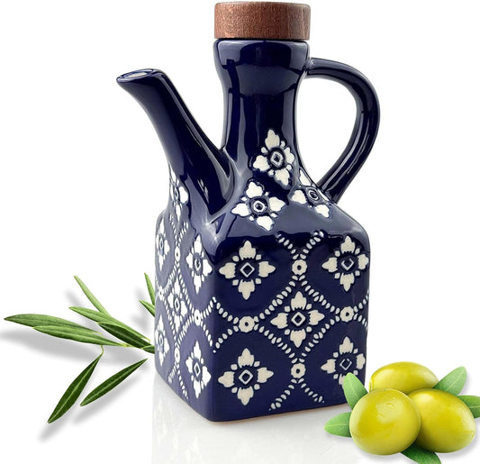 Olive Oil Dispenser Bottle Ceramic，8.5 Oz Decoration Oil Dispenser for Kitchen，Leakproof Oil And Vinegar Container with Handle，Italian Cooking Oil Cruet，Easy Pour (Blue)