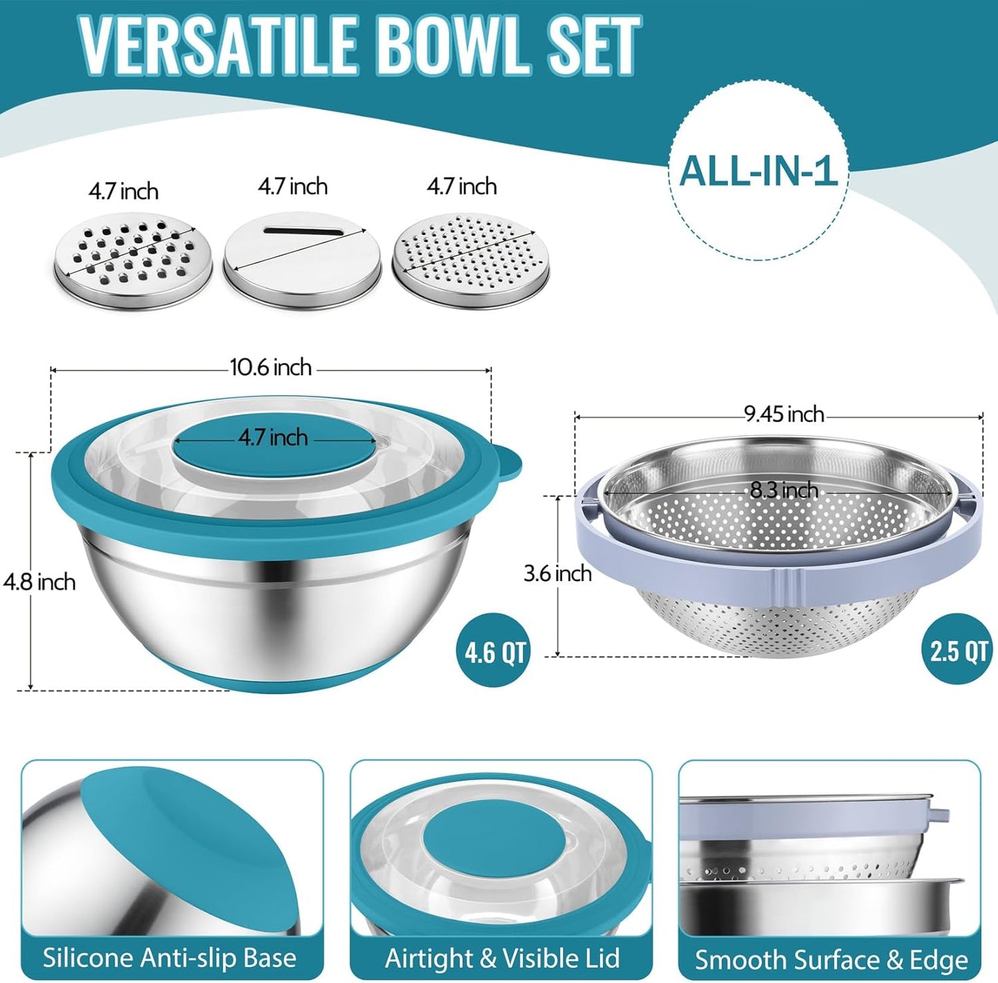 P&P CHEF 4-In-1 Stainless Steel Colander with Bowl Set, Rotatable Strainers for Kitchen, Fruit Cleaner, Washing Fruit & Draining Pasta, Mixing Bowl and Lid with Grater for Salad, Khaki