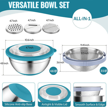 P&P CHEF 4-In-1 Stainless Steel Colander with Bowl Set, Rotatable Strainers for Kitchen, Fruit Cleaner, Washing Fruit & Draining Pasta, Mixing Bowl and Lid with Grater for Salad, Khaki
