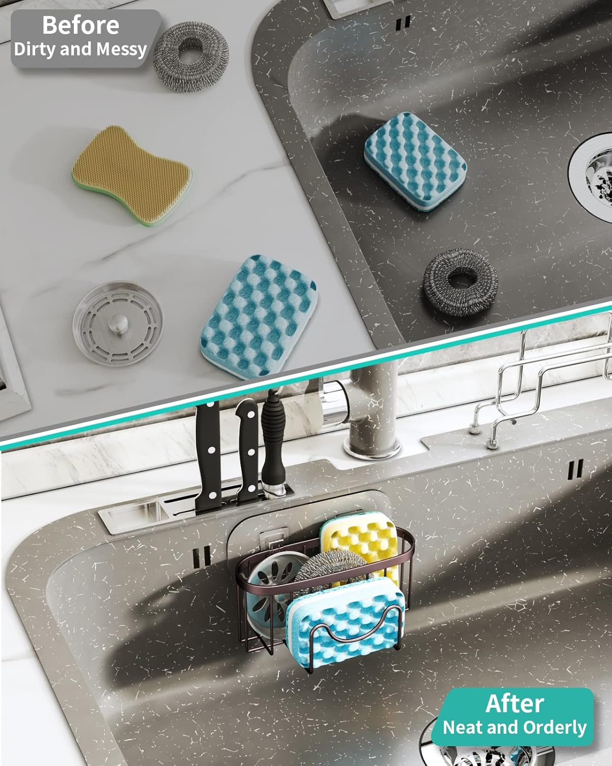 HapiRm Multifunctional Sponge Holder with Unique M-Shaped, 2 Installation Methods Kitchen Sink Caddy Organizer, Rustproof Stainless Steel Kitchen Organizers and Storage Essentials - Black