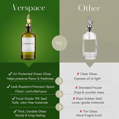 Verspace UV-Protected Green Glass Olive Oil Dispenser Bottles For Kitchen - 2 Pack - 12oz Includes 40 Kitchen Essential Labels, Avocado Oil Dispenser Set, Modern Decor for Home, Airbnb, Cafe