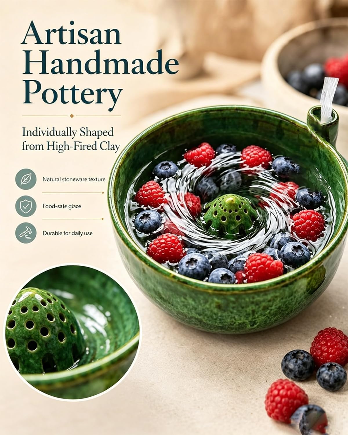 Vortex Berry Bowl The Original Artisan Swirling Berry Bowls Handmade 3D Print Berry Colander Self Rinsing Fruit Washing Stoneware Rinse Gentle Dynamic Washer Spinner Basket(3D Printing Blue)