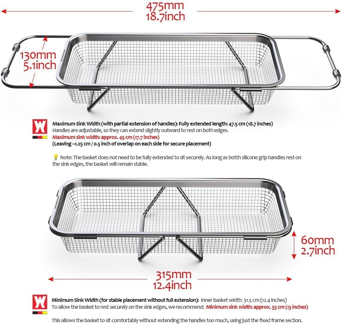 WAGENSTEIGER Extendable Dish Rack with Feet, Vegetable Colander Basket, Stainless Steel Dish or Silverware Drying Rack, Ultimate Kitchen Organizer Over the Sink (12.40 x 5.12 x 2.36 Inches)