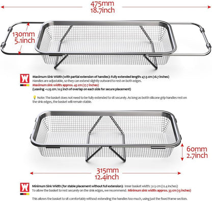 WAGENSTEIGER Extendable Dish Rack with Feet, Vegetable Colander Basket, Stainless Steel Dish or Silverware Drying Rack, Ultimate Kitchen Organizer Over the Sink (12.40 x 5.12 x 2.36 Inches)