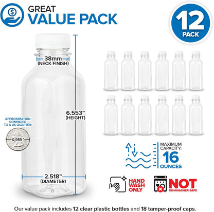 12 oz Juice Bottles with Caps for Juicing (12 pack) - Reusable Clear Empty Plastic Water Bottles - Drink Containers for Mini Fridge, Juicer Shots Includes Labels, Brush & Funnel