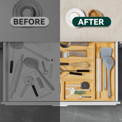 Lixple Bamboo Drawer Organizer, Narrow Stackable Cutlery Tray for Kitchen, 2 Pcs Silverware & Utensil Box, 12" x 3" x 2" (Outer), 11.3" x 2.3" x 1.77" (Inner)