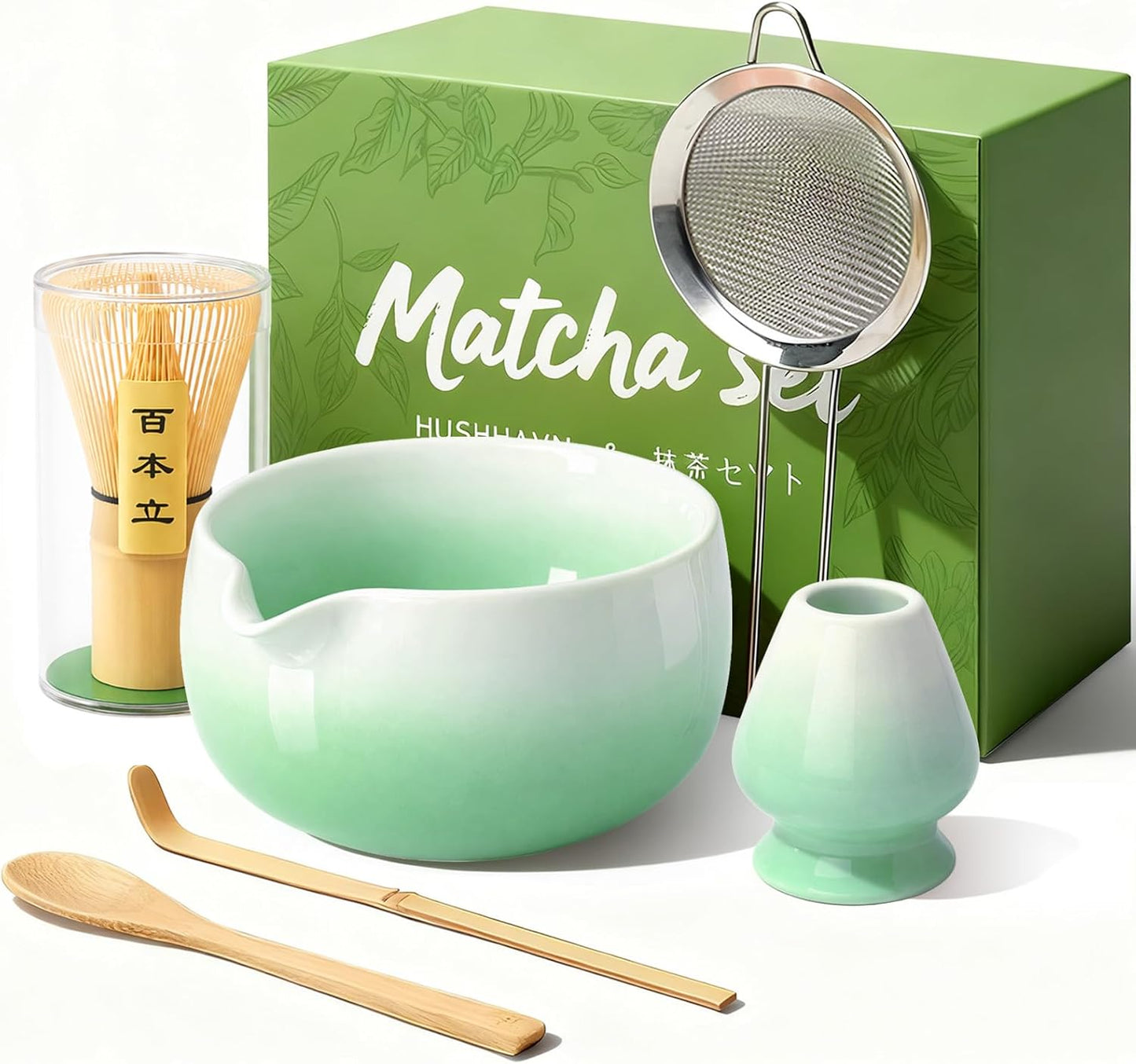 Matcha Whisk Set, Ceramic Matcha Set Includes Bowl & Holder, Bamboo Whisk (Chasen), Scoop, Spoon and Sifter, 6PCS Matcha Kit Covers Everything Needed for Making Matcha (Green)