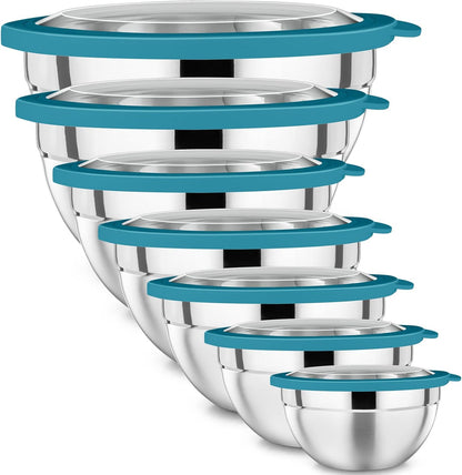 P&P CHEF Mixing Bowl with Lid Set of 7, Stainless Steel Nesting Salad Bowls for Cooking Serving Prepping, Clear Lids & Stackable Design, Size 4.6, 3.5, 3, 2, 1.5, 1, 0.7 Qt - Khaki