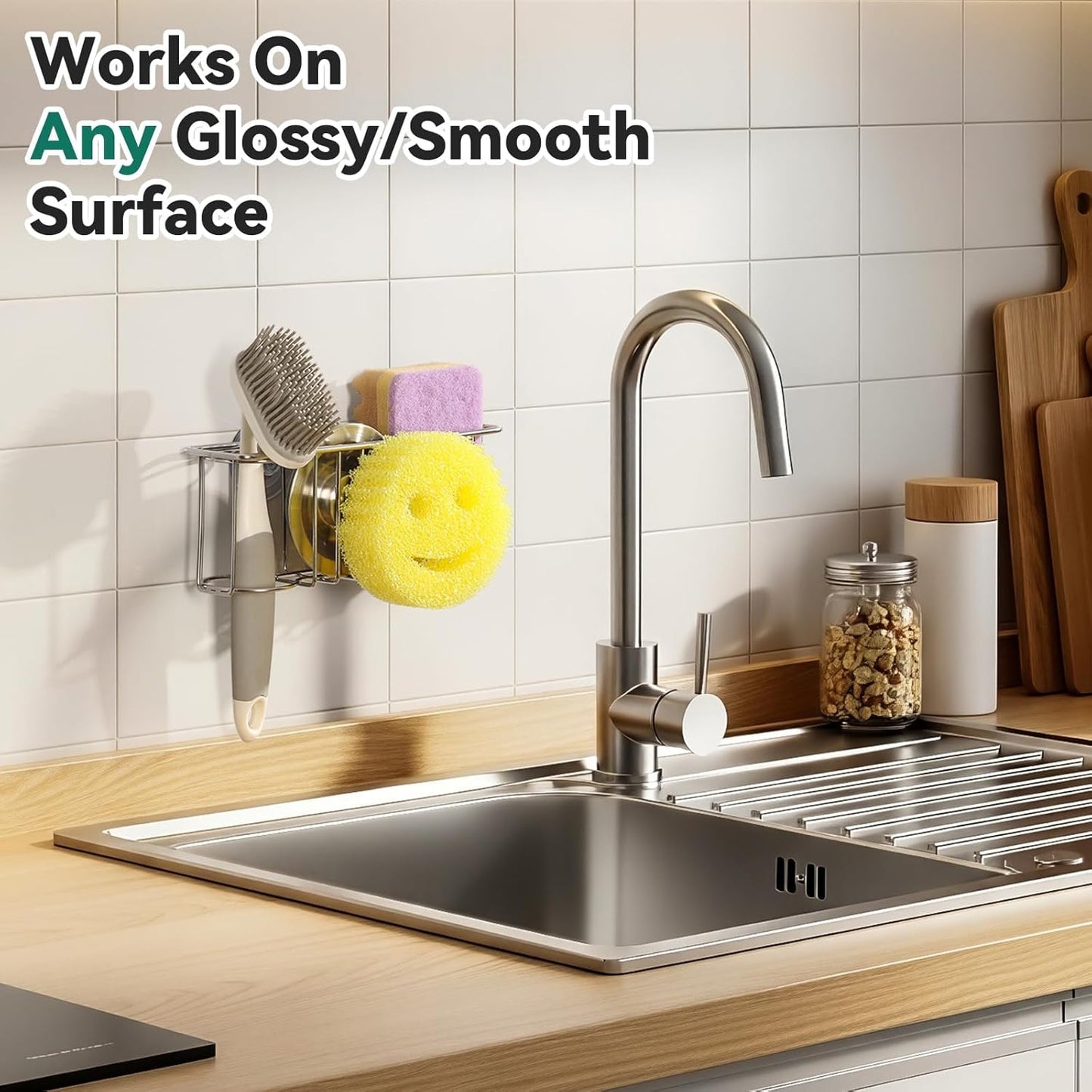 3-In-1 Sponge Holder for Kitchen Sink with Suction Cups & Adhesive Hook , In-sink Sponge Holder, Wall Hanging Sink Caddy Organizer Rack - Sponge, Dish Cloth, Brush, Scrubber - 304 Stainless Steel