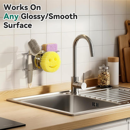 3-In-1 Sponge Holder for Kitchen Sink with Suction Cups & Adhesive Hook , In-sink Sponge Holder, Wall Hanging Sink Caddy Organizer Rack - Sponge, Dish Cloth, Brush, Scrubber - 304 Stainless Steel