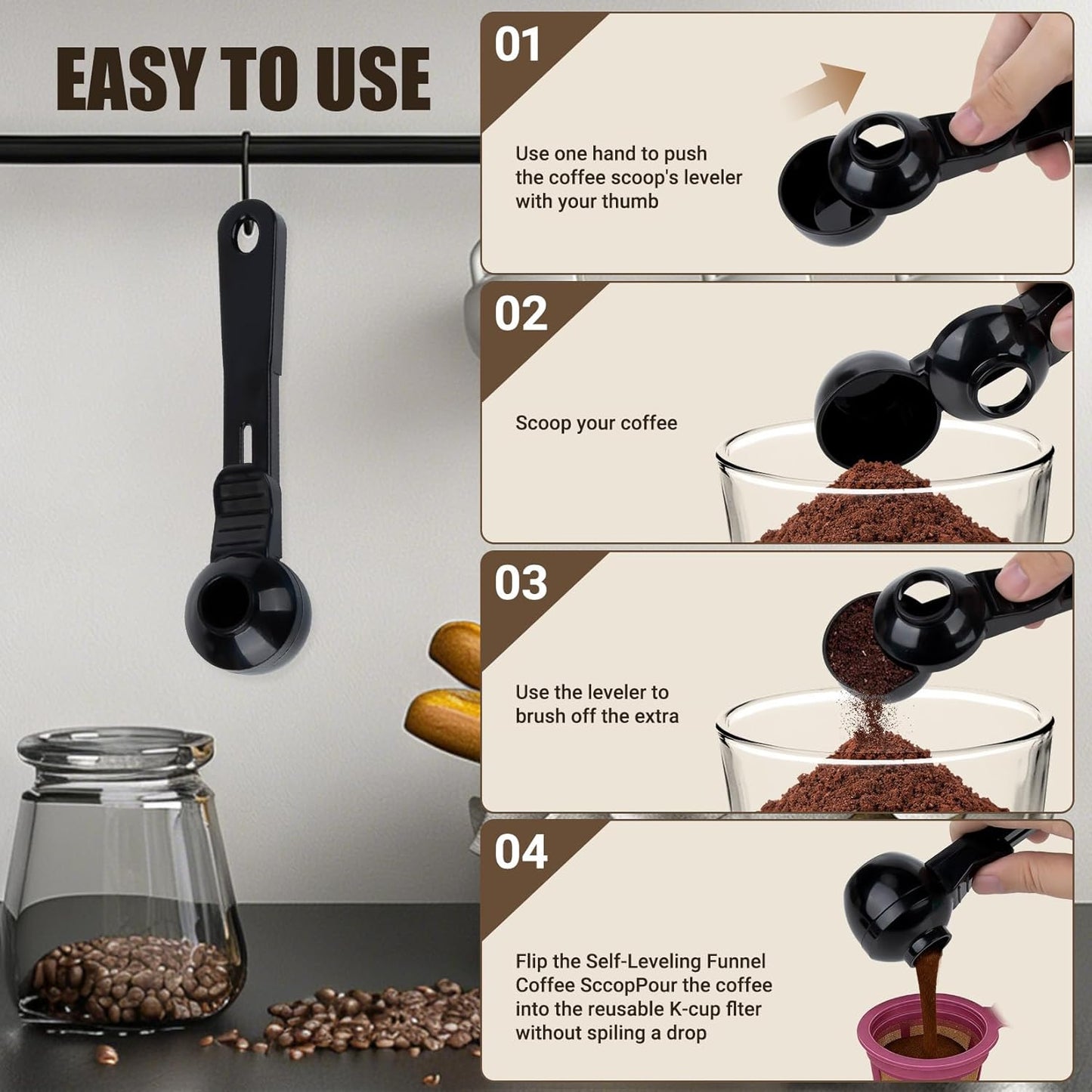 CARGEN 2 Pack Coffee Scoop and Funnel for Reusable, 2TBSP Coffee Sliding Spoon Funnel with Spill-Free Design Measuring Spoon Funnel for Ground Coffee Protein Powder and Tea(Black and Blue)
