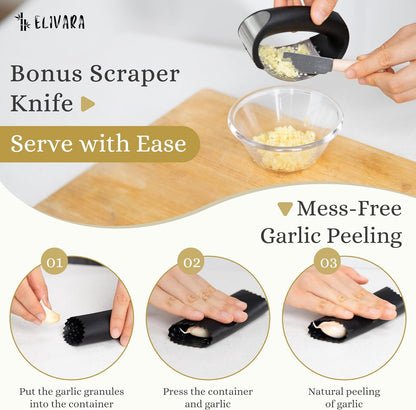 Stainless Steel Garlic Press Rocker Set (Black) - Includes Silicone Peeler and Cleaning Brush for Effortless Garlic Mincing