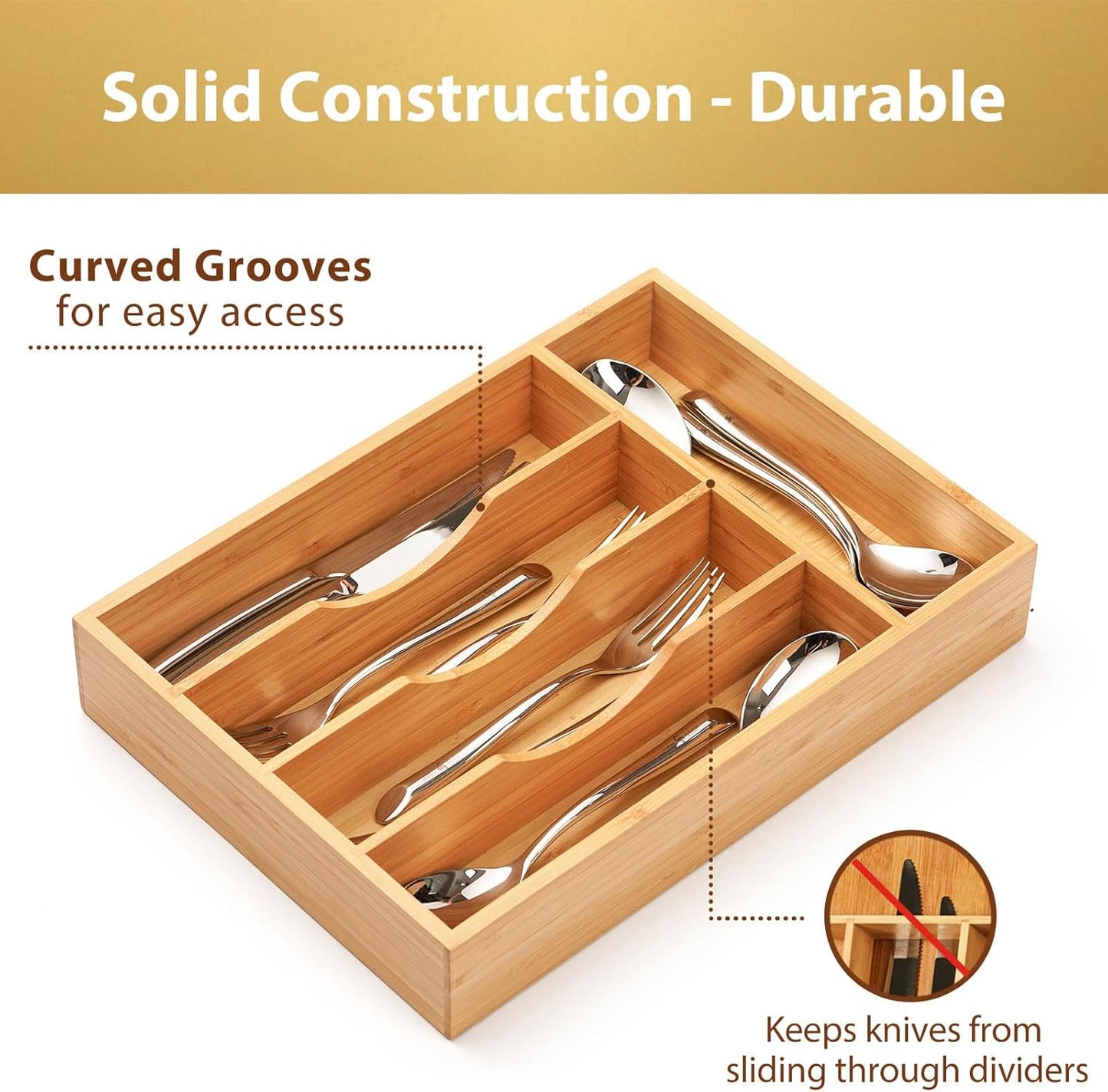 Umilife Bamboo Kitchen Drawer Organizer, 7 Inch Silverware Utensils Tray Holder for Small Drawer, Wood Caddy for Flatware Cutlery Knives