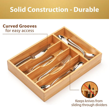 Umilife Bamboo Kitchen Drawer Organizer, 7 Inch Silverware Utensils Tray Holder for Small Drawer, Wood Caddy for Flatware Cutlery Knives