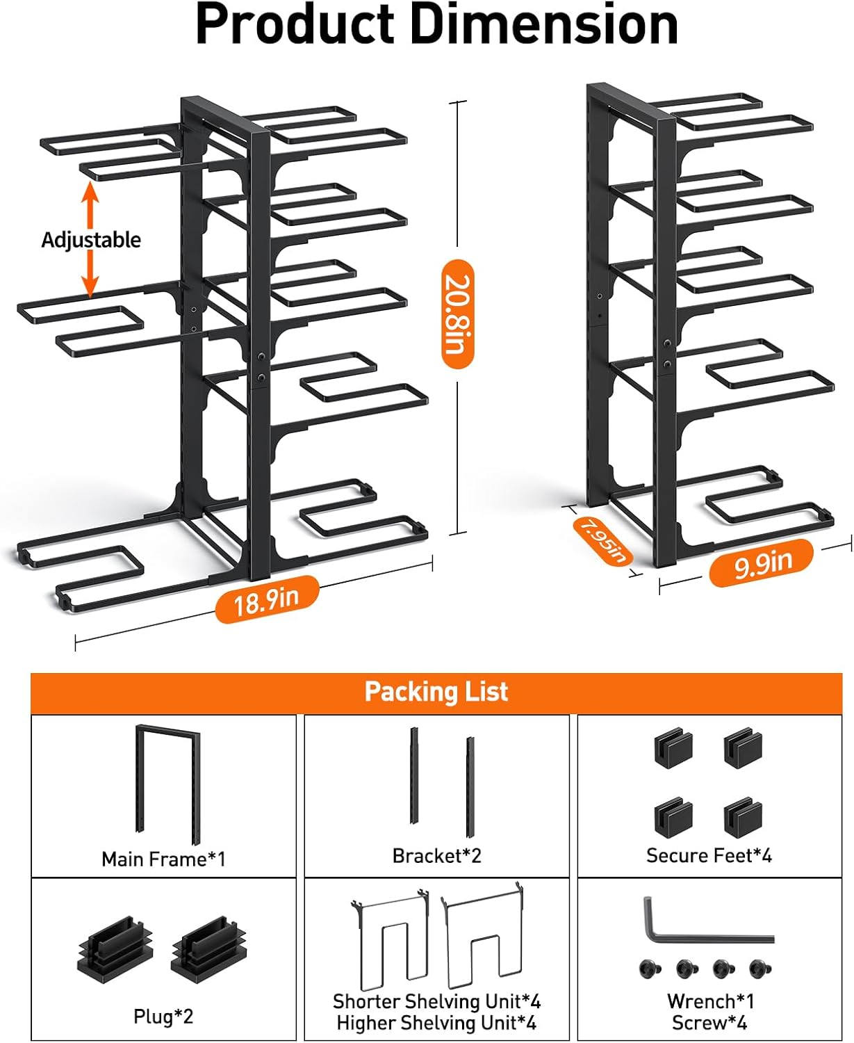 ORDORA Pots and Pans Organizer for Cabinet 16.61 Height, 8 Tier Pot Organizers Rack with 3 DIY Methods, Adjustable Pan Organizer under Cabinet Kitchen Organization and Storage