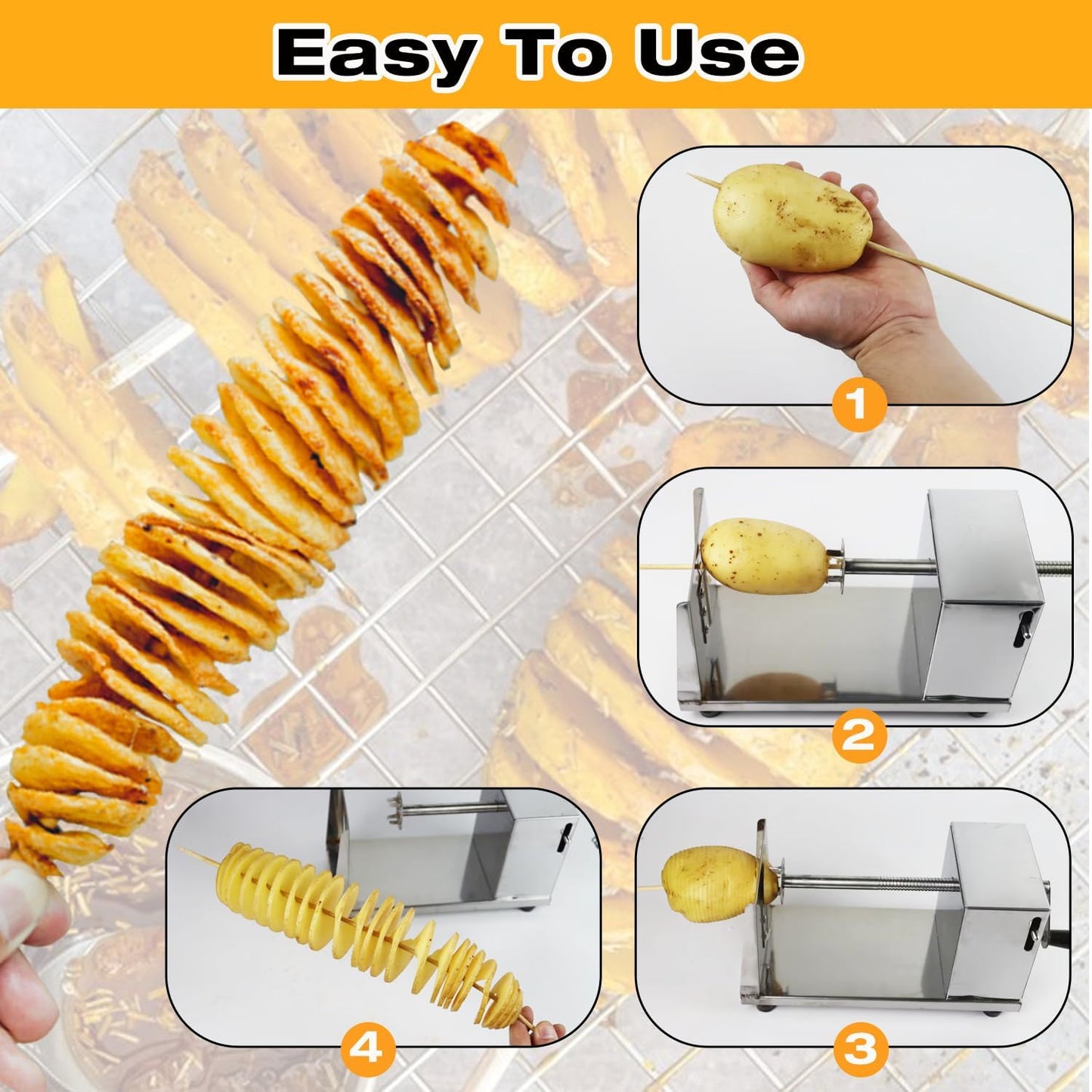 Potato Spiral Cutter, Manual Tornado Potato Spiral Cutter Stainless Steel Curly Fry Cutter Twisted Potato Slicer with Skewers Kitchen Tool for Potatoes, Cucumber, Carrot, BBQ