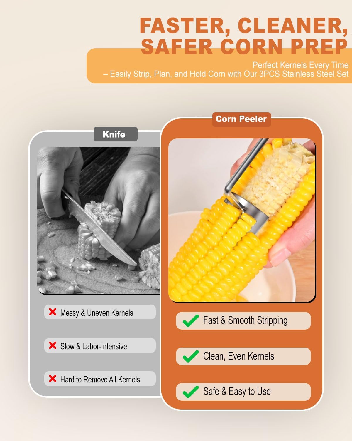 3PCS Corn Peeler Set – Stainless Steel Corn Stripper Tool with Cutter, Planer & Holder – Quickly Remove Kernels from Corn on the Cob – Dishwasher Safe, Easy Grip Handle, for Home & BBQ