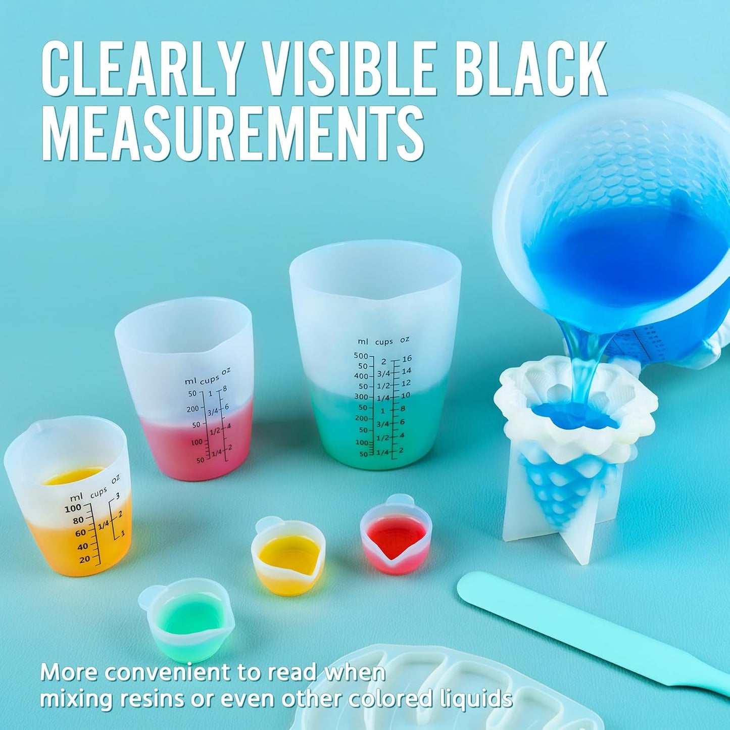 Silicone Resin Mixing Measuring Cups for Resin Supplies, Easy-to-read Marks, 600ml/20oz Bowl, 250&100ml Thickened Reusable Silicone Cups for Epoxy Mixing, with Stir Sticks, Jewelry Making