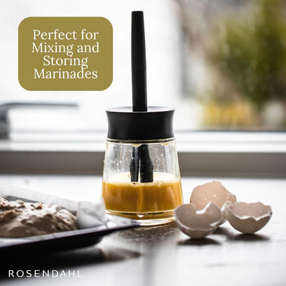 Rosendahl Grand Cru 8.5 Oz Dressing Shaker - Elegant Black Glass Container with Push-Button Lid, 360-Degree Spout for Easy Pouring, Leak-Proof, Multifunctional Kitchen Essential for Homemade Dressings