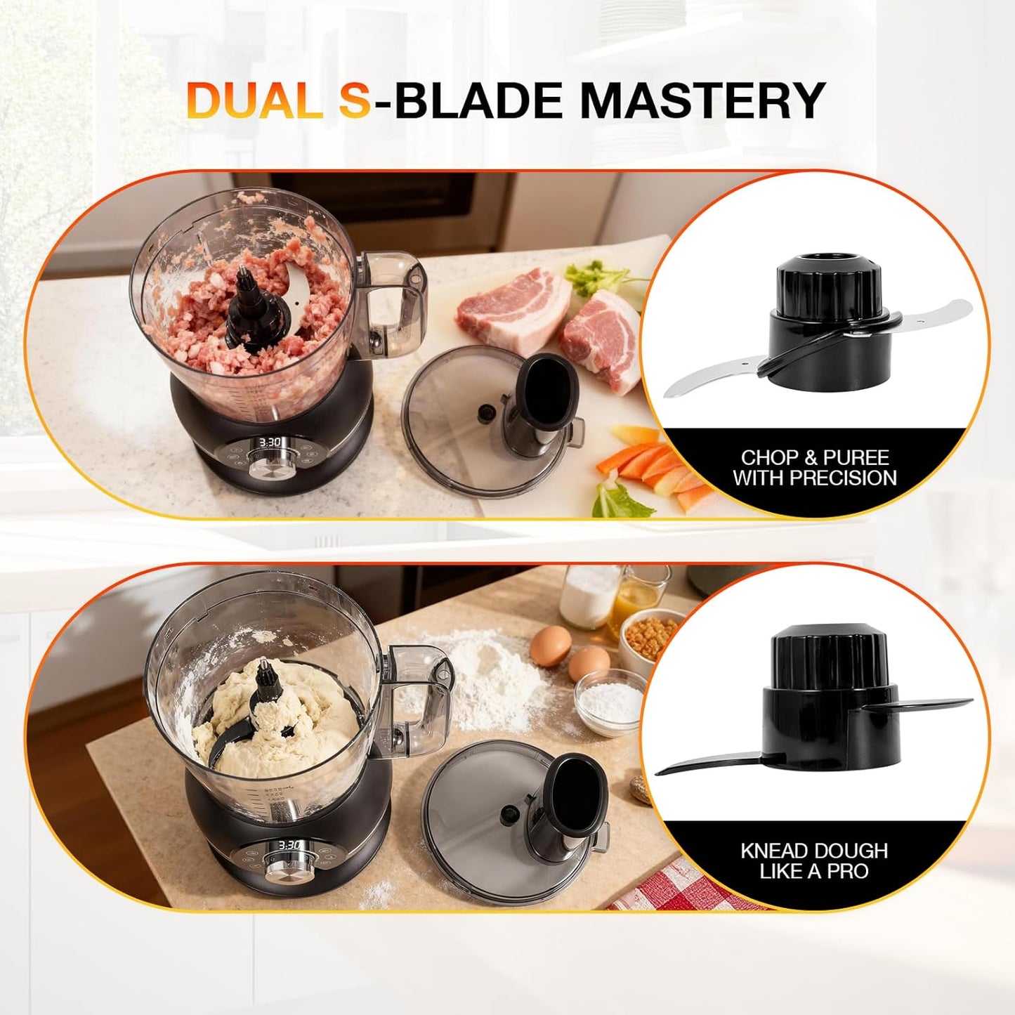12 Cup Smart Food Processor, Electric Food Chopper Slicer with French-Fry Slicing Shredding Chopping Kneading Cutter, For Meat, Vegetable, Fries, Cheese, Meat & Veggie Prep, Puree