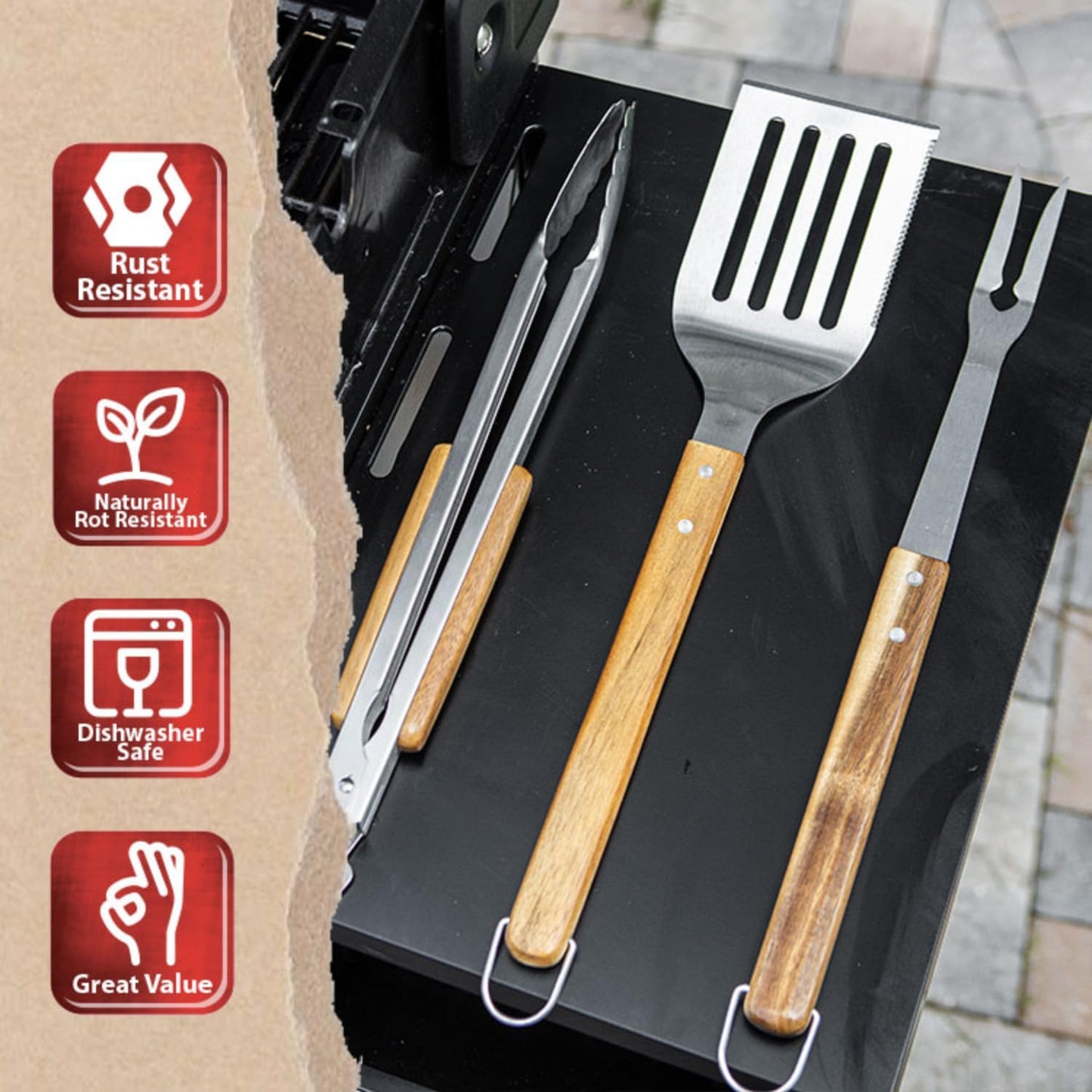 BBQ-AID Pro BBQ Tongs for Grill - 17" Professional Grade Barbecue Tongs for Cooking- Solid & Sturdy - Built with 304 Grade Stainless Steel and Acacia Wood - Heavy Duty Built to Last Kitchen essential.