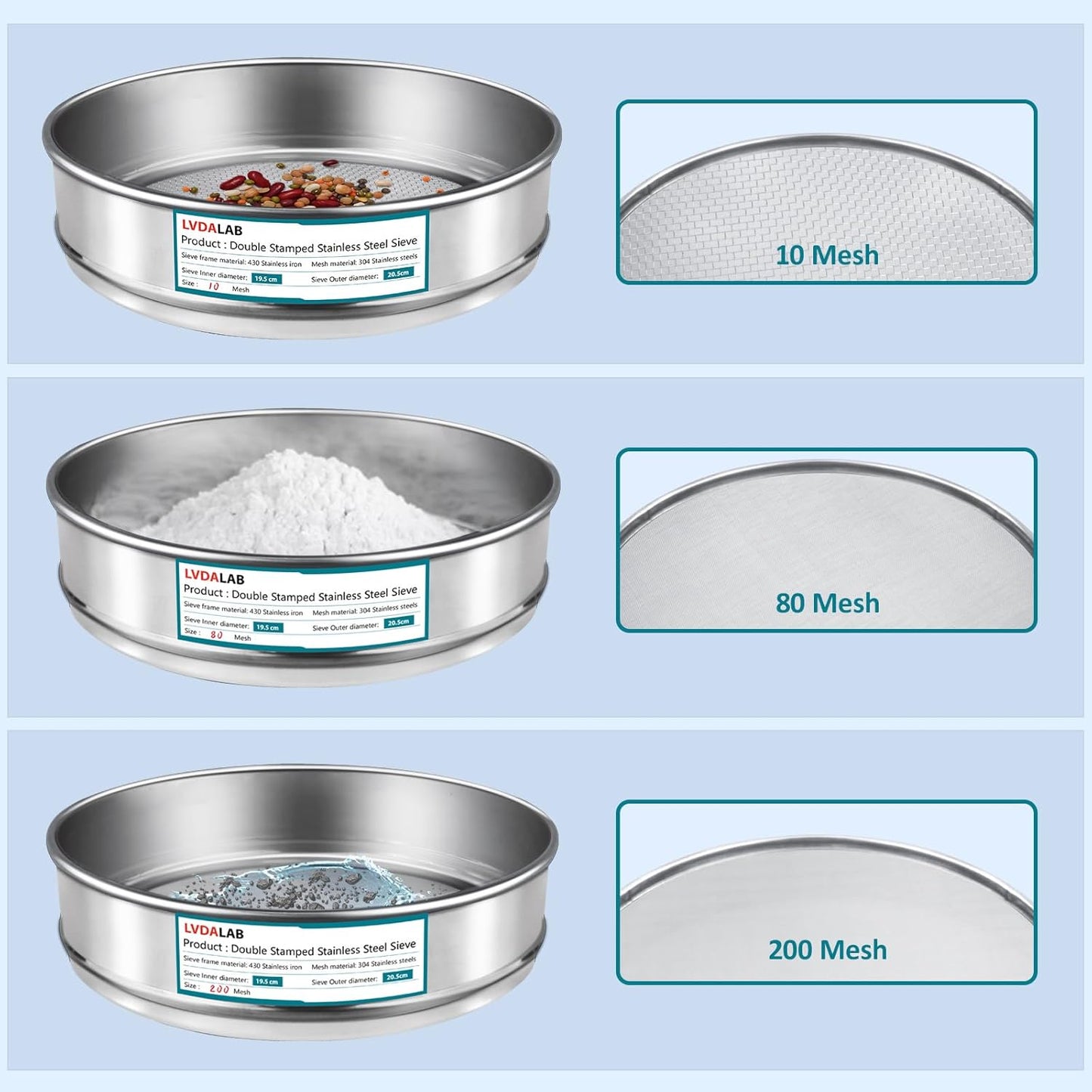 3 Pack 304 Stainless Steel Mesh Lab Sieves, 200mesh 0.075mm, 80 Mesh 0.2mm, 10 Mesh 2mm Aperture Test Sieve,7.9in/20cm Dia Economy Test Sieve for Industrial Laboratory Homes