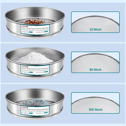 3 Pack 304 Stainless Steel Mesh Lab Sieves, 200mesh 0.075mm, 80 Mesh 0.2mm, 10 Mesh 2mm Aperture Test Sieve,7.9in/20cm Dia Economy Test Sieve for Industrial Laboratory Homes