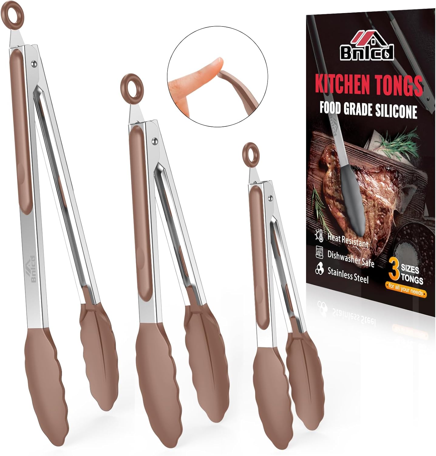 600ºF Heat Resistant Kitchen Tongs, Premium Locking Cooking Tongs with Silicone Tips, Non-Slip Food Tongs for Cooking, Non-Stick, Heavy Duty Stainless Steel Handle, Set of 3-7" 9" and 12" Black