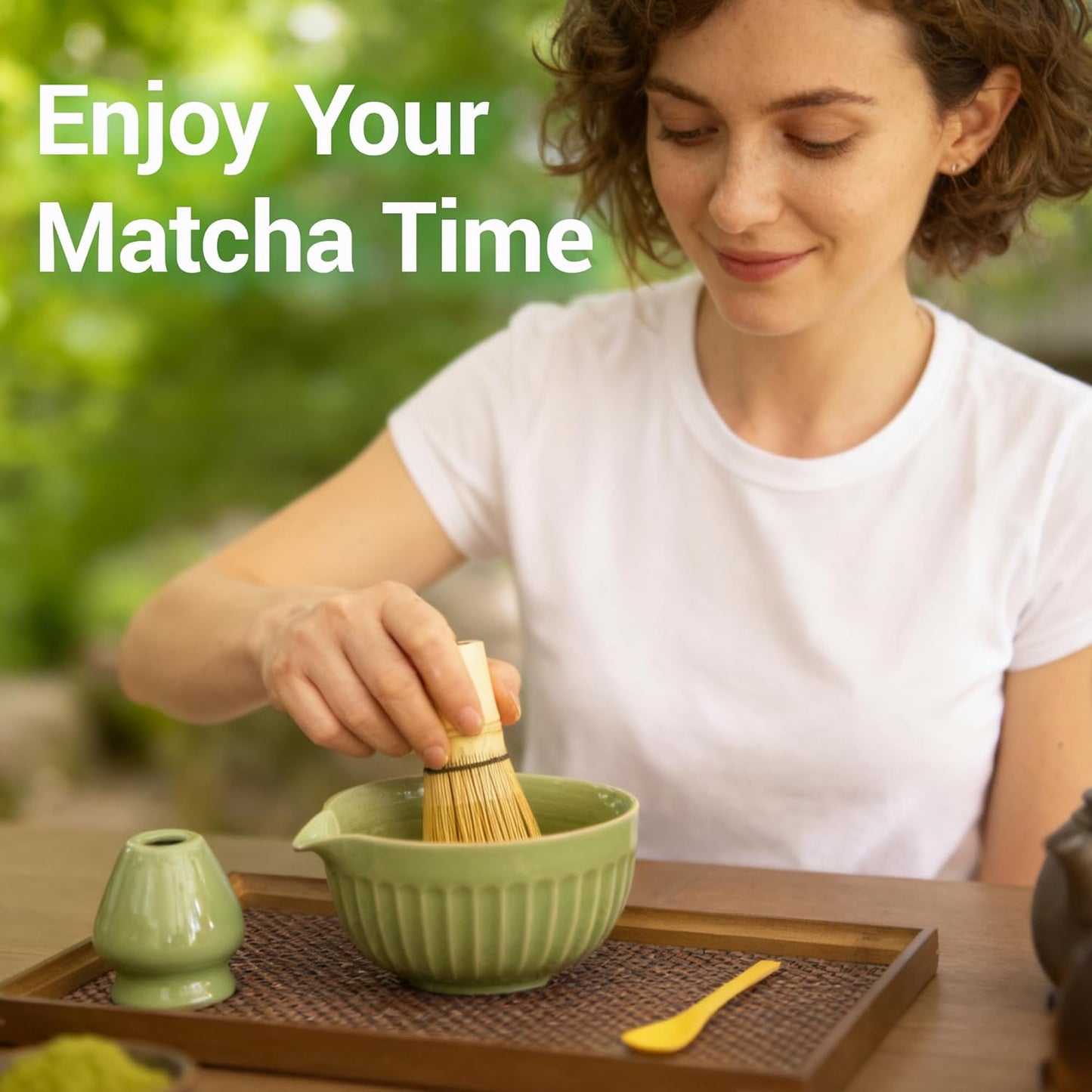7pcs Matcha Whisk Set with 18oz Spout Bowl, Japanese Tea Ceremony Kit, Natural Bamboo Whisk Scoop, Ceramic Holder Sifter Towel, Best Gift for Beginners and Matcha Lovers