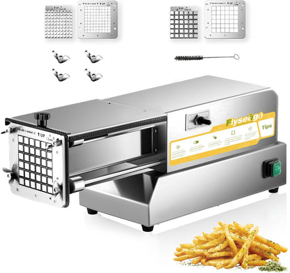 French Fry Cutter Electric Potato Cutter Stainless Steel Professional With 4 Blades For Commercial, Home Use & Cucumbers, Carrots, Sweet Potatoes, Silvery