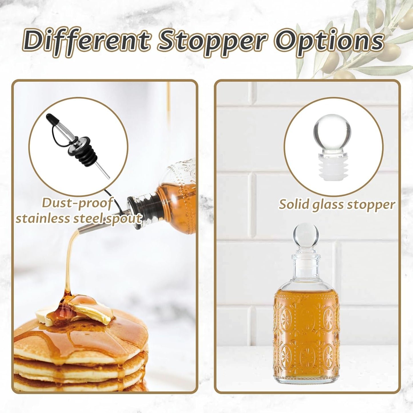 Retro Glass Syrup Dispenser Bottle 7oz, Oil and Vinegar Cruet with Stainless Steel Pour Spout, Labels, Funnel & Stopper(Floral-B)