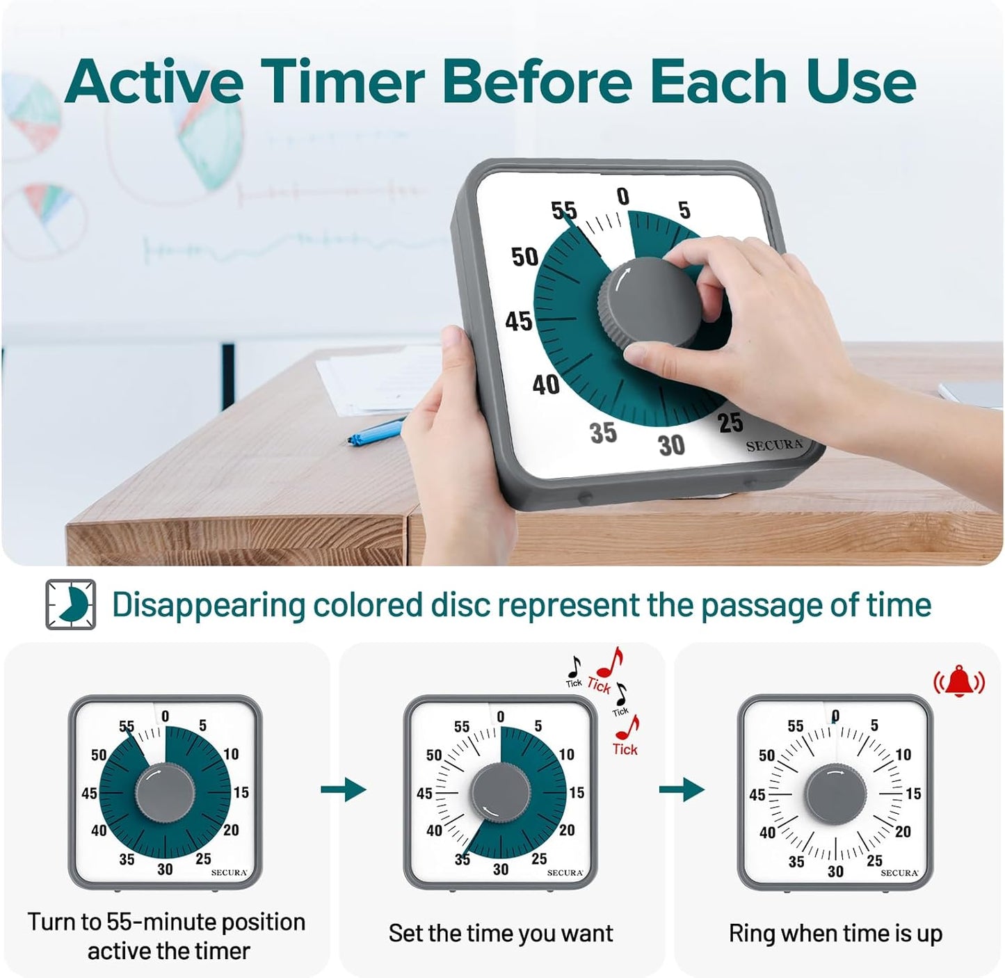 Secura 60-Minute Visual Countdown Timer, 7.5-Inch Oversize Classroom Visual Timer for Kids and Adults, Durable Mechanical Kitchen Timer Clock with Magnetic Backing (Blue)