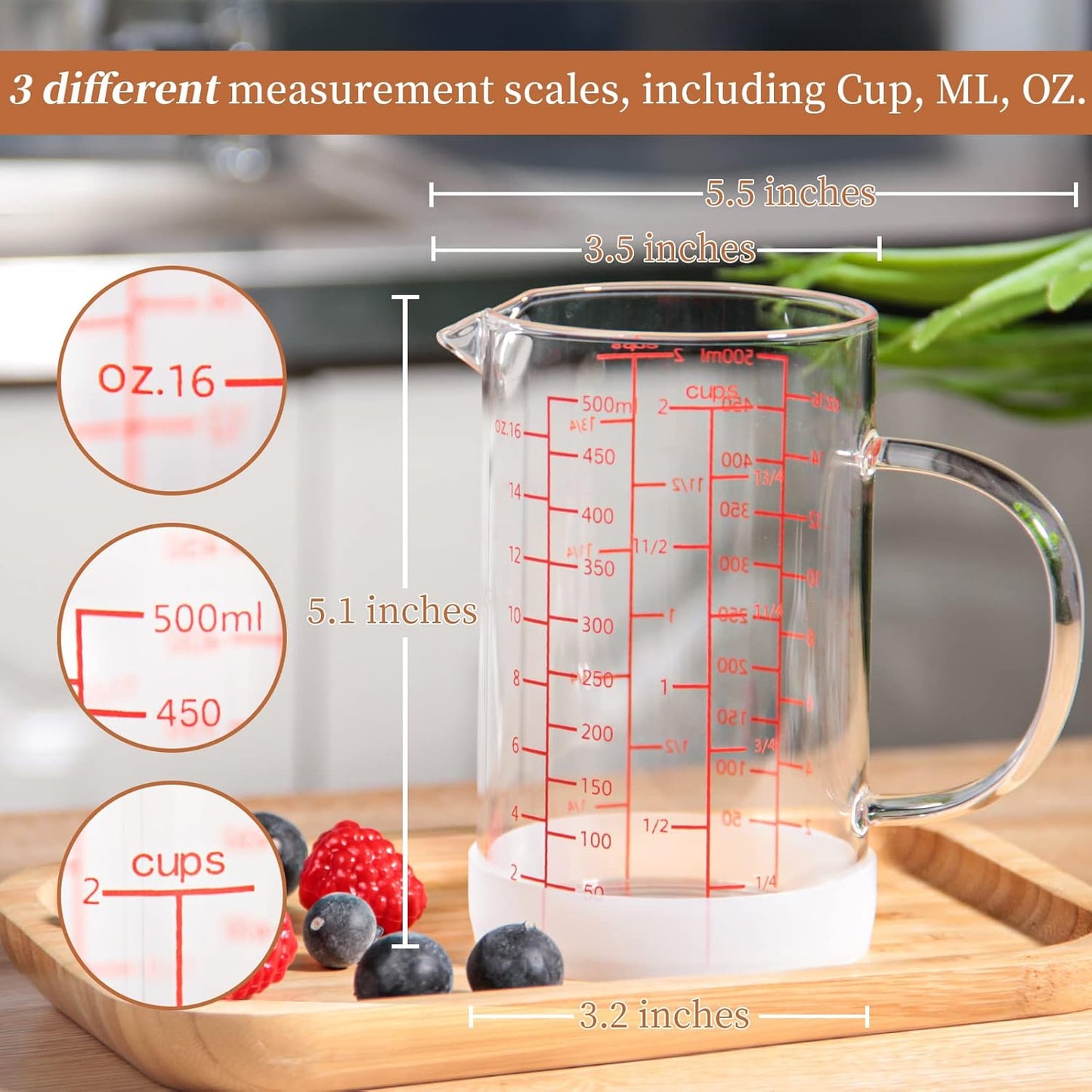 Newness 2-Cup Glass Measuring Cup For Baking and Cooking, (Upgraded, 3 Marking Including Cup/ML/Ounce Scale) Dishwasher, Freezer, Microwave, and Preheated Oven Safe, Essential Kitchen Tools