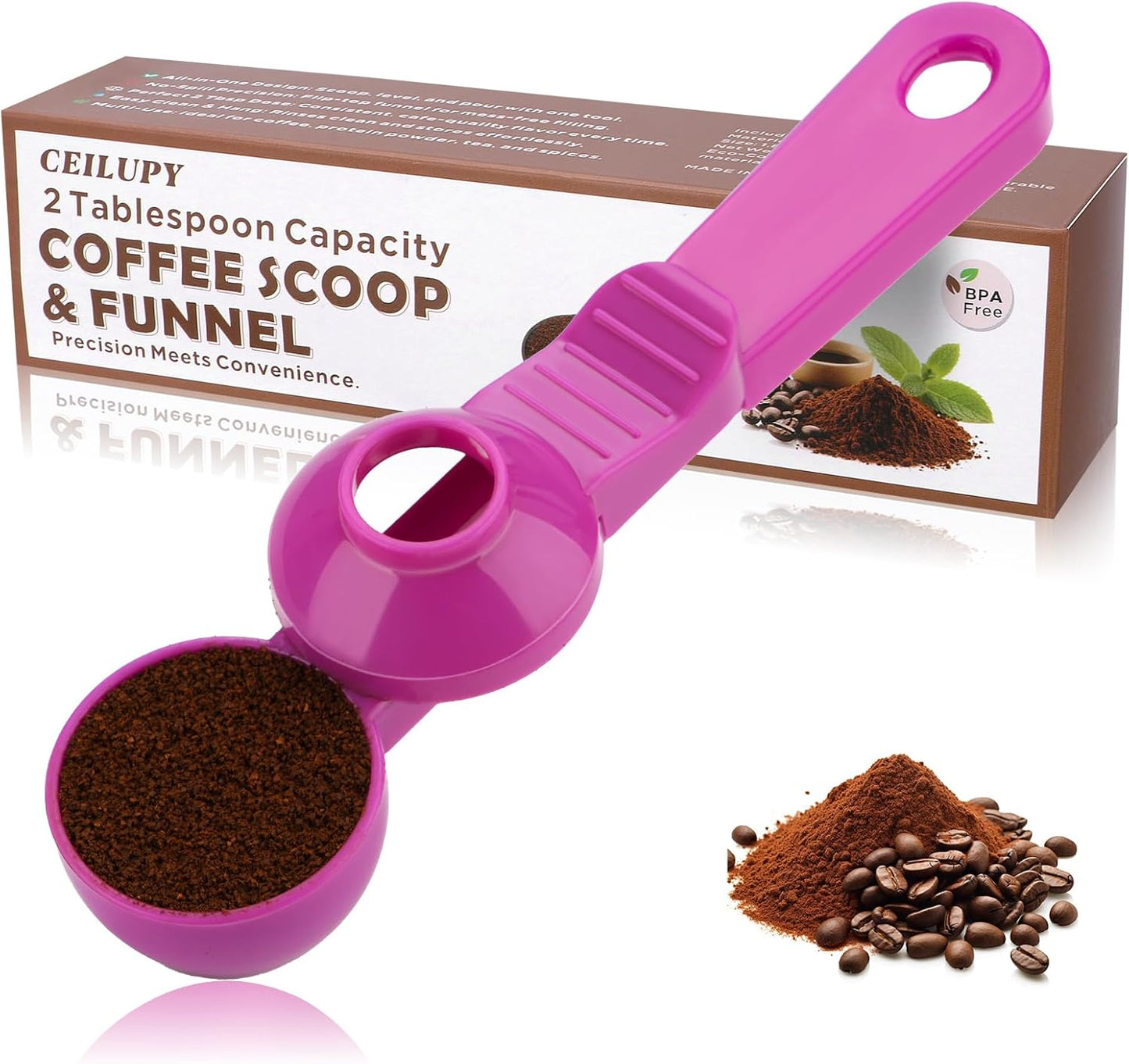 2-in-1 Coffee Scoop with Funnel, 2 Teaspoon Measuring Spoon for Reusable K Cups, Ground Coffee, Protein Powder & Tea, Mess-Free Plastic Design (Pink)