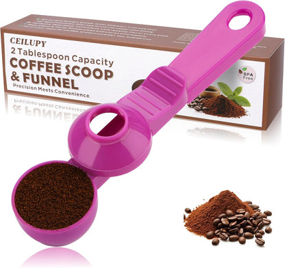 2-in-1 Coffee Scoop with Funnel, 2 Teaspoon Measuring Spoon for Reusable K Cups, Ground Coffee, Protein Powder & Tea, Mess-Free Plastic Design (Pink)