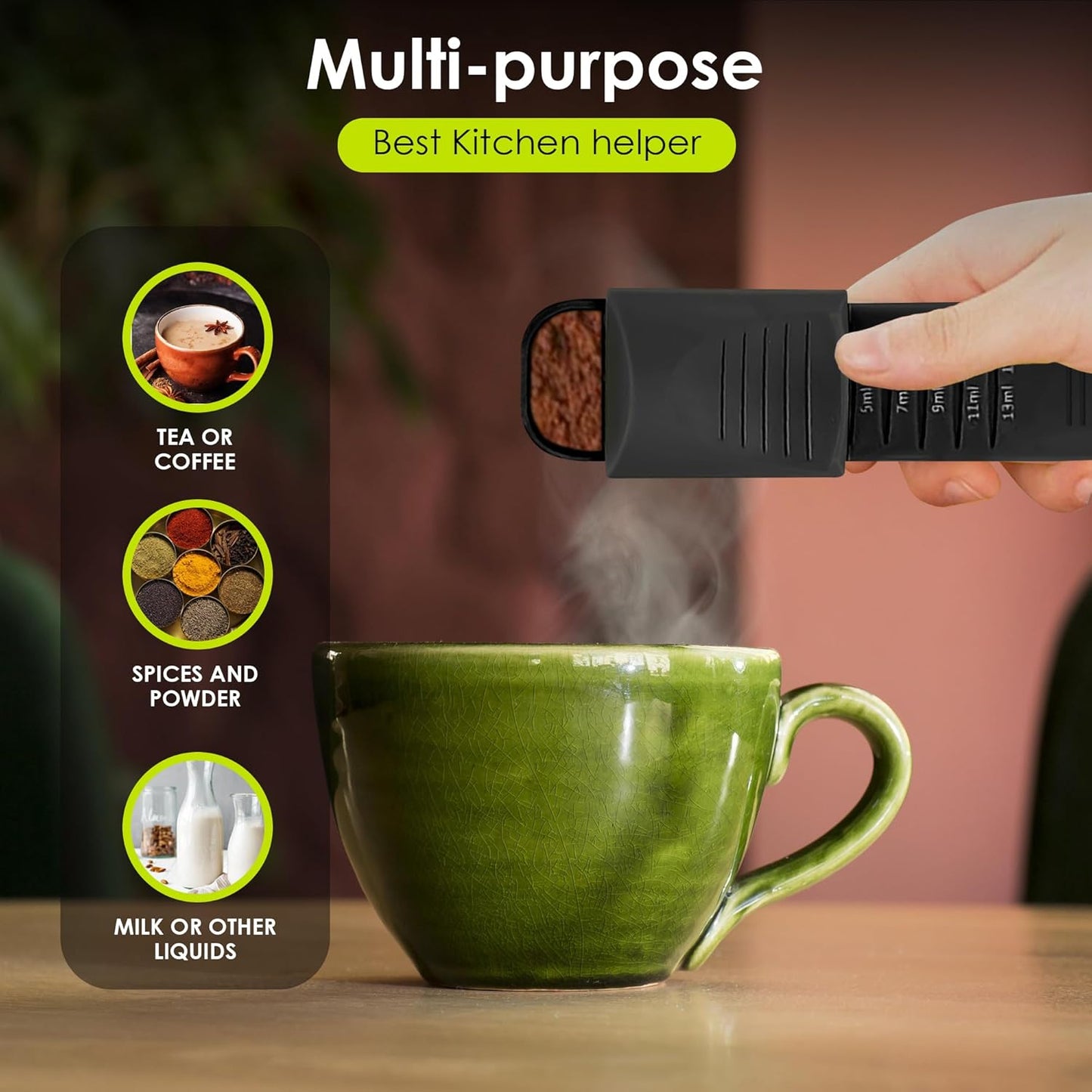 GOCHA Double-Ended Adjustable Measuring Spoon - 9-in-1 Kitchen Tool with Precision Scales (0.5-13ml/g) - Space-Saving Design for Dry & Liquid Ingredients (Black Green)