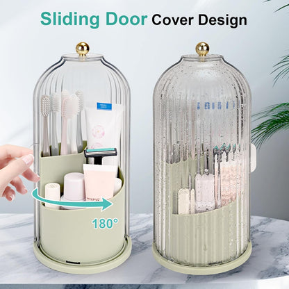QIYVLOS Toothbrush Holders with Sliding Lid, Rotating 3 Slots Bathroom Organizer Countertop, Tooth Brush Toothpaste Holder Bathroom Counter Stand Sink Organizer Caddy for Vanity Makeup Brushes Holder