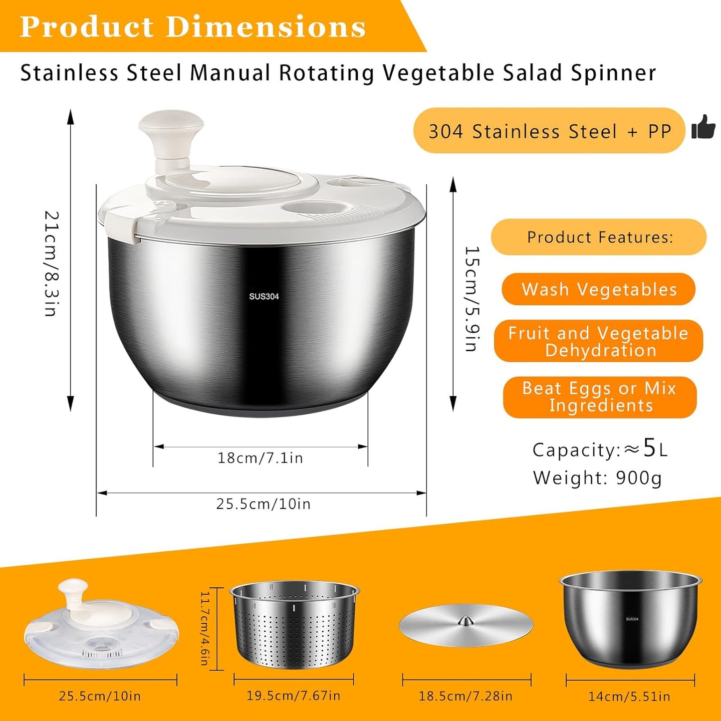Salad Spinner Stainless Steel, Metal Salad Spinner, Salad Spinner Large, 6l With Pp Cover, Essential Kitchen Tool for Dehydrating Lettuce, Fruits and Vegetables, Pasta, and French Fries