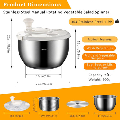 Salad Spinner Stainless Steel, Metal Salad Spinner, Salad Spinner Large, 6l With Pp Cover, Essential Kitchen Tool for Dehydrating Lettuce, Fruits and Vegetables, Pasta, and French Fries