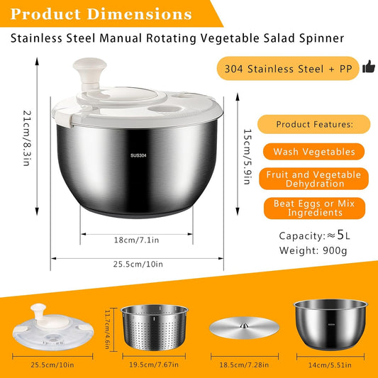 Salad Spinner Stainless Steel, Metal Salad Spinner, Salad Spinner Large, 6l With Pp Cover, Essential Kitchen Tool for Dehydrating Lettuce, Fruits and Vegetables, Pasta, and French Fries